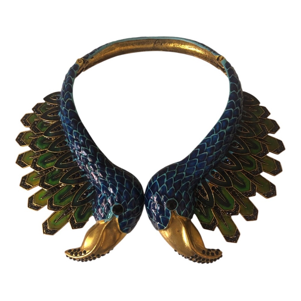 Birds Of Paradise! Elegant Blue and Gold Statement Necklace